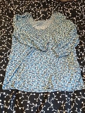Blue Floral Smocked-Neck Long-Sleeve Blouse